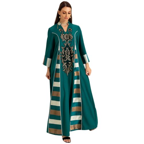 OBEEII Abaya Damen Elegant Muslimisches Abendkleid V-Ausschnitt Blumenstickerei Kleid Dubai Türkisches Naher Osten Islamisches Robe für Ethnische, Braut, Abend, Party, Lässig Dunkelgrün 02 L von OBEEII