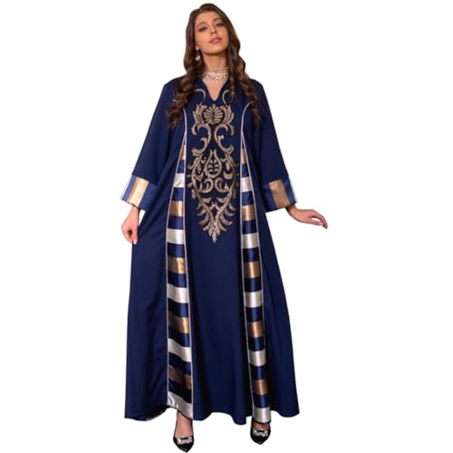 OBEEII Abaya Damen Elegant Muslimisches Abendkleid V-Ausschnitt Blumenstickerei Kleid Dubai Türkisches Naher Osten Islamisches Robe für Ethnische, Braut, Abend, Party, Lässig Navy 02 S von OBEEII