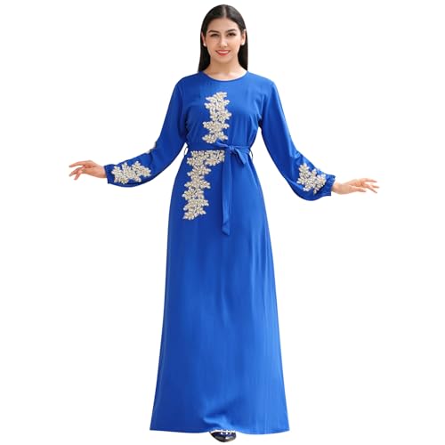 OBEEII Abaya Damen Muslimische Kleid Stickerei-Perlen Islamischer Kaftan Kleid Länge Dubai Türkisches Arabisches Nahen Osten Robe mit Gürtel Blau XL von OBEEII