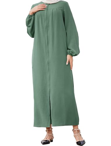 OBEEII Abaya Muslim Damen Einfarbig Muslimisches Kleid Islamische Gebetskleidung Naher Osten Dubai Türkisches Robe in voller Länge Stehkragen Reißverschluss Grün S von OBEEII