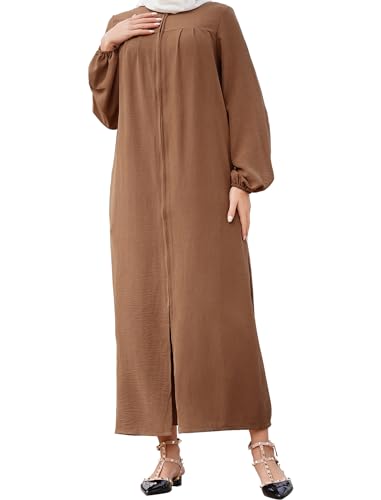 OBEEII Abaya Muslim Damen Einfarbig Muslimisches Kleid Islamische Gebetskleidung Naher Osten Dubai Türkisches Robe in voller Länge Stehkragen Reißverschluss Karamell M von OBEEII