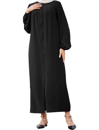 OBEEII Abaya Muslim Damen Einfarbig Muslimisches Kleid Islamische Gebetskleidung Naher Osten Dubai Türkisches Robe in voller Länge Stehkragen Reißverschluss Schwarz 5XL von OBEEII