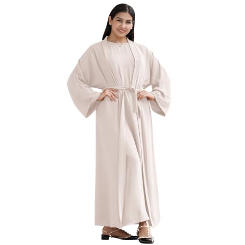 OBEEII Abaya Muslim Damen Einfarbig Muslimisches Kleid mit Cardigan Islamische Gebetskleidung Naher Osten Dubai Türkisches 3 Stück Muslimische Kleidung Frauen Beige L von OBEEII