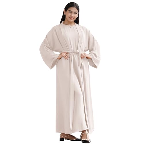 OBEEII Abaya Muslim Damen Einfarbig Muslimisches Kleid mit Cardigan Islamische Gebetskleidung Naher Osten Dubai Türkisches 3 Stück Muslimische Kleidung Frauen Beige S von OBEEII