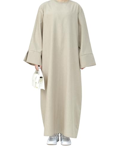 OBEEII Abaya Muslim Damen Langarm Gebet Kleid mit Taschen Einfarbig Muslimisches Kleid Frauen Islamische Naher Osten Dubai Türkisches Robe in voller Länge Apricot M von OBEEII