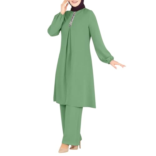 OBEEII Abaya Muslim Damen Set 2 Stück Langarm Oberteile Robe Und Hosen Corban Ramadan Outfit Naher Osten Arabisch Islamische Kleidung Grün S von OBEEII