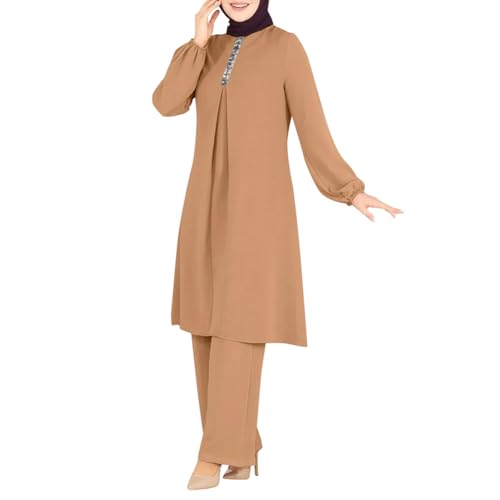 OBEEII Abaya Muslim Damen Set 2 Stück Langarm Oberteile Robe Und Hosen Corban Ramadan Outfit Naher Osten Arabisch Islamische Kleidung Khaki L von OBEEII