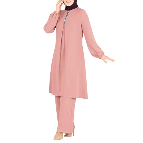 OBEEII Abaya Muslim Damen Set 2 Stück Langarm Oberteile Robe Und Hosen Corban Ramadan Outfit Naher Osten Arabisch Islamische Kleidung Rosa M von OBEEII