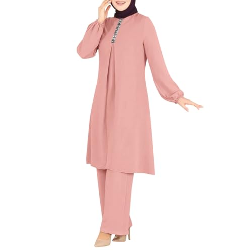 OBEEII Abaya Muslim Damen Set 2 Stück Langarm Oberteile Robe Und Hosen Corban Ramadan Outfit Naher Osten Arabisch Islamische Kleidung Rosa XL von OBEEII