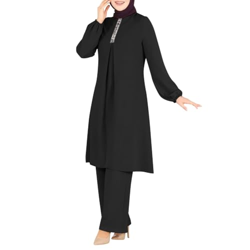 OBEEII Abaya Muslim Damen Set 2 Stück Langarm Oberteile Robe Und Hosen Corban Ramadan Outfit Naher Osten Arabisch Islamische Kleidung Schwarz M von OBEEII