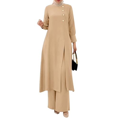 OBEEII Abaya Muslim Damen Set 2 Stück Langarm Oberteile Robe Und Hosen Corban Ramadan Outfit Naher Osten Dubai Arabisch Islamische Kleidung Frauen Helles Khaki L von OBEEII