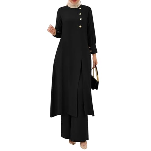 OBEEII Abaya Muslim Damen Set 2 Stück Langarm Oberteile Robe Und Hosen Corban Ramadan Outfit Naher Osten Dubai Arabisch Islamische Kleidung Frauen Schwarz 3XL von OBEEII