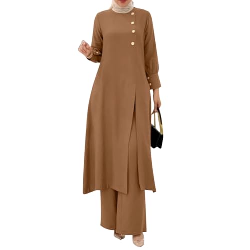 OBEEII Abaya Muslim Damen Set 2 Stück Langarm Oberteile Und Hosen Corban Ramadan Outfit Naher Osten Arabisch Islamische Kleidung Khaki 3XL von OBEEII