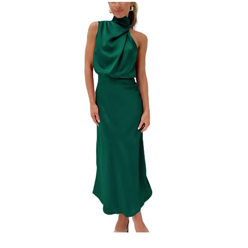 OBEEII Abendkleider Elegant für Hochzeit Damen Satin Kleid Ärmellos Elastische Taille Formal Party Cocktail Ballkleider Lange Kleider GQQT027 L von OBEEII