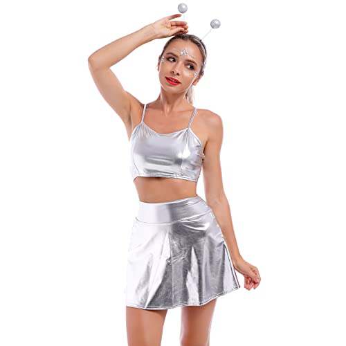 OBEEII Alien Kostüm Damen Sexy Metallic Glitzer Crop Top und Mini Röcke mit Stirnband Rave Outfit Karneval Disco Club Party Musical Festival Kostüm Silber02 M OBEEII Alien Kostüm Damen Sexy Metallic Glitzer Crop Top und Mini Röcke mit Stirnband Rave Outfit Karneval Disco Club Party Musical Festival Kostüm Silber02 M von OBEEII