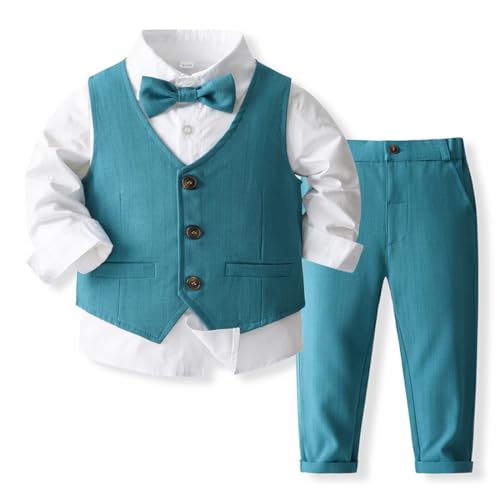 OBEEII Baby Jungen Anzug Set Formelle Kleidung Set Hemd + Weste + Fliege + Hosen 4tlg Kleidung Outfits Hochzeit Festliche Anzüge Geburtstagsparty Taufkleidung Pfauenblau 18-24 Monate von OBEEII