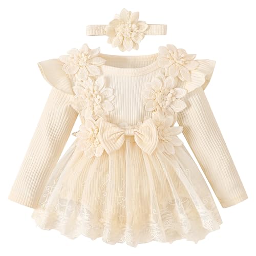 OBEEII Baby M�dchen R�sche Langarm Gerippt Strampler Kleid Prinzessin Tutu T�llkleid Einteiliges Strampler Neugeborene Partykleid Geburtstags Fotoshooting Outfit Apricot 02 12-18 Monate von OBEEII