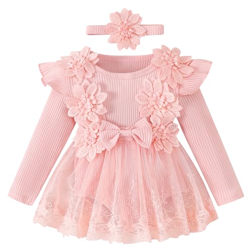 OBEEII Baby M�dchen R�sche Langarm Gerippt Strampler Kleid Prinzessin Tutu T�llkleid Einteiliges Strampler Neugeborene Partykleid Geburtstags Fotoshooting Outfit Rosa 02 6-9 Monate von OBEEII