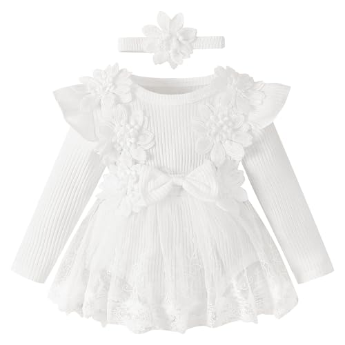 OBEEII Baby M�dchen R�sche Langarm Gerippt Strampler Kleid Prinzessin Tutu T�llkleid Einteiliges Strampler Neugeborene Partykleid Geburtstags Fotoshooting Outfit Wei� 02 6-9 Monate von OBEEII