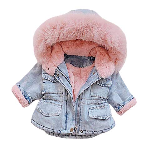 OBEEII Baby Mädchen Jeansjacke Wintermantel mit Kapuzen Winter Denim Mantel Wind Warmer Pelzkragen Oberbekleidung Outwear #Rosa1 2-3 Years von OBEEII