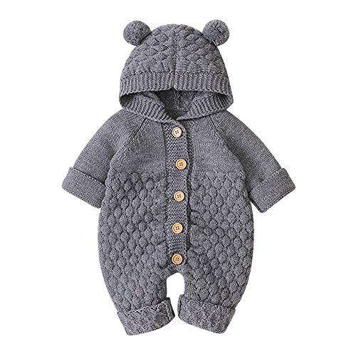 OBEEII Baby Strampler mit Kapuze Neugeborene Mädchen Jungen Gestrickte Onesies Warme Pullover Overall Outfits Grau 0-6 Monate von OBEEII