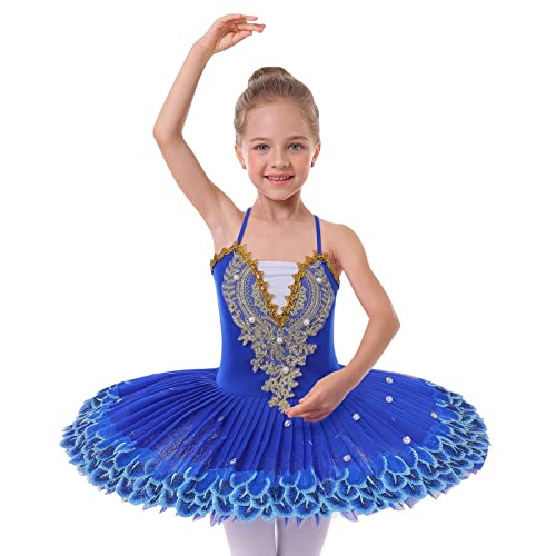 OBEEII Ballerina Kostüm Mädchen, Ballerina Kleid Mädchen,Tütü Mädchen Ballettkleidung Ballettkleid Ballerina Kostüm Kinder,Tanzkleid Gymnastikanzug Mädchen Ärmellos Königsblau C 13-14 Jahre von OBEEII