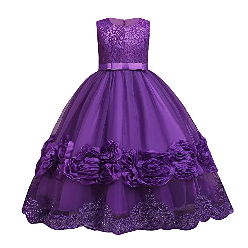 OBEEII Blumenmädchen Kleid Mädchen Festzug Ballkleider Kinder Bestickt Brautkleid Geburtstag Partykleid Tüll Prinzessin Ballkleid Violett B 9-10 Jahre von OBEEII