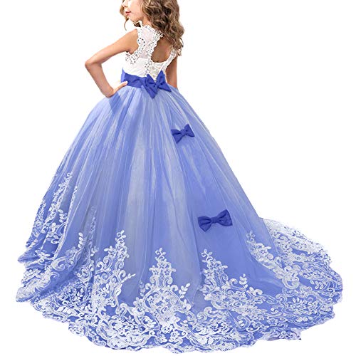 OBEEII Blumenmädchen Mädchen Applique Prinzessin Lang Kleid Elegante Tüll Kleid für Erste Kommunikation Hochzeit Brautjungfer Festzug Tanzen Karneval Abendkleid 10-11Jahre Königsblau von OBEEII