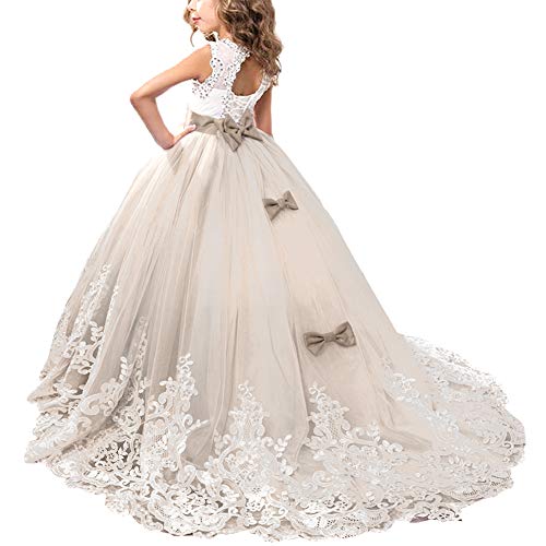 OBEEII Blumenmädchen Mädchen Applique Prinzessin Lang Kleid Elegante Tüll Kleid für Erste Kommunikation Hochzeit Brautjungfer Festzug Tanzen Karneval Abendkleid 8-9 Jahre Champagner von OBEEII