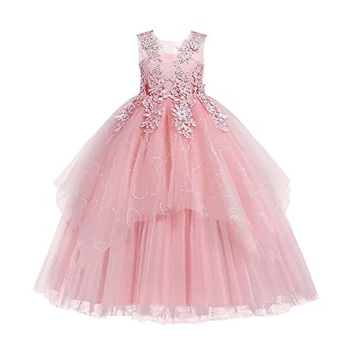 OBEEII Blumenmädchen Spitzenkleid für Kinder Kleines Großes Mädchen Blumen Tüllkleid Prinzessin Festzug Geburtstagsfeier Kleid Bestickte Spitze Tüll Ballkleider Erstkommunion Kleider Rosa 7-8 Jahre von OBEEII