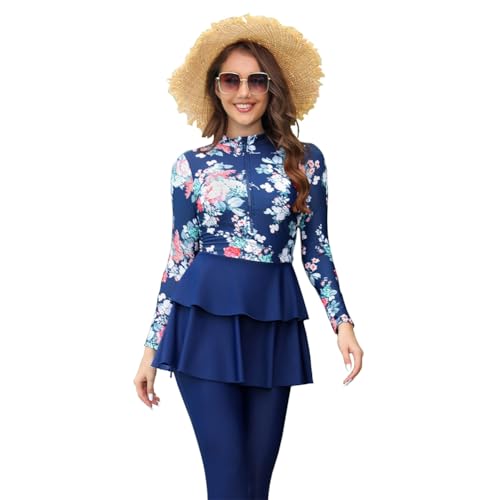 OBEEII Burkini Damen Muslim Bademode Modest Solid Color Islamische Arabische Muslimische Badeanzug Langarm Oberteil + Schwimmhose +Hijab 3tlg Full Body Swimsuits Badeanzug Blau L von OBEEII