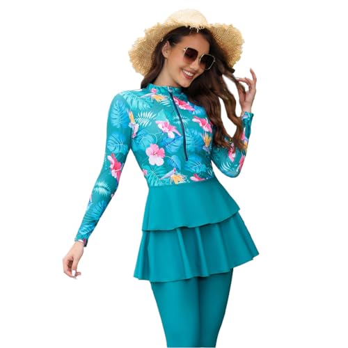 OBEEII Burkini Damen Muslim Bademode Modest Solid Color Islamische Arabische Muslimische Badeanzug Langarm Oberteil + Schwimmhose +Hijab 3tlg Full Body Swimsuits Badeanzug Pfau blau L von OBEEII