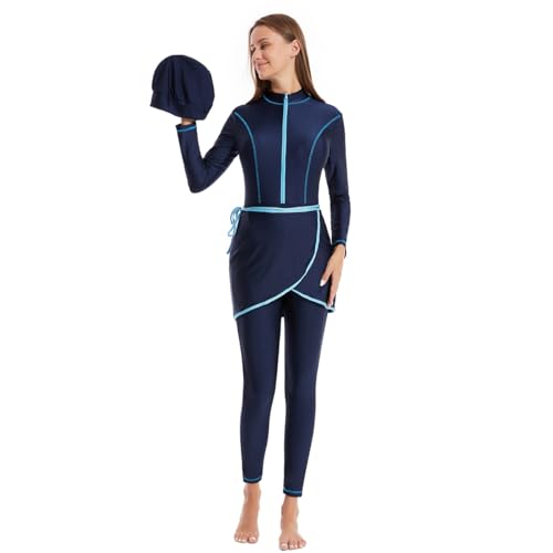 OBEEII Burkini Damen Muslim Modest Islamischer Arabischer Badeanzug Langarm Einteiliger Badeanzug und Wickelrock mit Bademütze 3tlg Muslimische Schwimmkostüm Bademode Navy 02 L von OBEEII