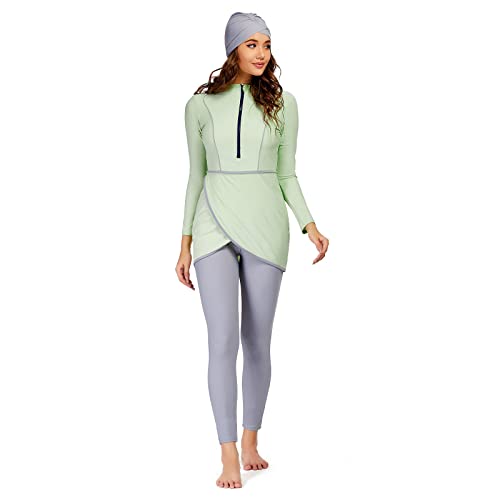 OBEEII Burkini Damen Muslim Muslimische Badeanzug Damen Neu 3 Stück Langarm Modest Bademode Islamisch Arabisch Schwimmkostüm Hijab Burkini Built in Bra Full Cover Muslim Swimsuits Hellgrün B M von OBEEII