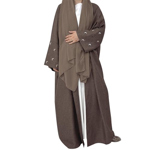 OBEEII Cardigan Muslimisch Damen Lange Ärmel Bestickt Offene Vorderseite Ramadan Strickjacke Abaya Naher Osten Arabisch Dubai Türkei Kaftan Muslimische Robe mit Hijab Kaffee+Hijab M von OBEEII