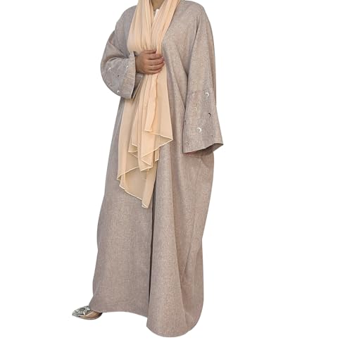 OBEEII Cardigan Muslimisch Damen Lange Ärmel Bestickt Offene Vorderseite Ramadan Strickjacke Abaya Naher Osten Arabisch Dubai Türkei Kaftan Muslimische Robe mit Hijab Khaki+Hijab L von OBEEII