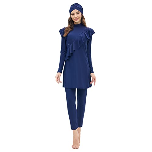 OBEEII Conservative Damen-Bademode, Muslimische Bademode, bescheidener islamischer Bikini, Badeanzug, Strandmode Einfarbiges Langarm-Oberteil + Hose + Hijab Navy B 2XL von OBEEII