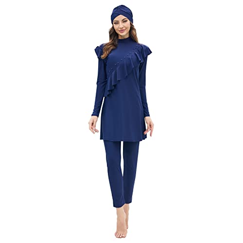 Conservative Damen-Bademode, Muslimische Bademode, bescheidener islamischer Bikini, Badeanzug, Strandmode Einfarbiges Langarm-Oberteil + Hose + Hijab Navy B 2XL von OBEEII