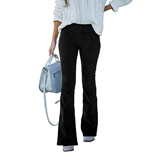 OBEEII Cord Schlaghose Damen Hohe Taille Freizeithose Bell Bottom Frauen Flared Einfarbig Casual Lange Hosen Schwarz 2XL von OBEEII