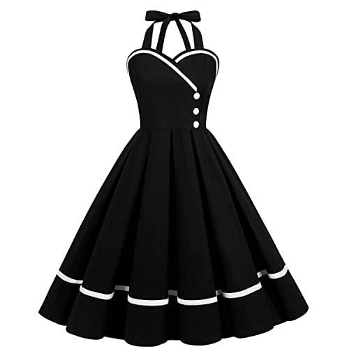 OBEEII Damen 50er 60er Jahre Kleid Vintage Cocktailkleid Neckholder 1950er Hepburn Stil Rockabilly Kleid Schwarz 2XL von OBEEII