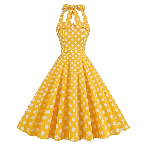 OBEEII Damen 50er 60er Jahre Kleid Vintage Cocktailkleid Neckholder 1950er Hepburn Stil Rockabilly Petticoat Kleid 001 M von OBEEII