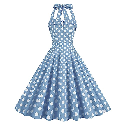 OBEEII Damen 50er 60er Jahre Kleid Vintage Cocktailkleid Neckholder 1950er Hepburn Stil Rockabilly Petticoat Kleid 002 L von OBEEII