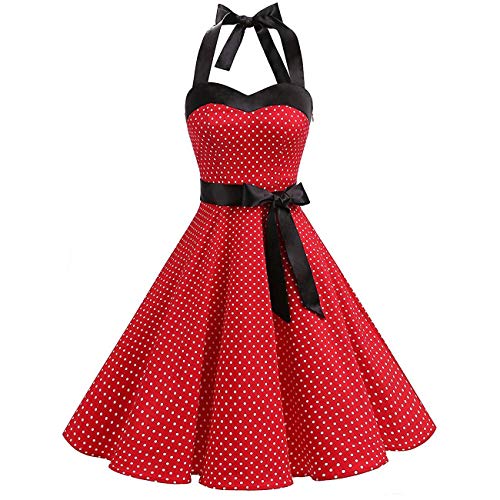 OBEEII Damen 50er 60er Jahre Kleid Vintage Cocktailkleid Neckholder 1950er Hepburn Stil Rockabilly Petticoat Kleid Rot M von OBEEII