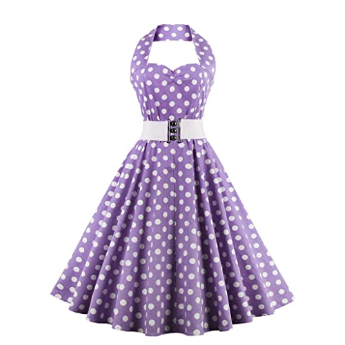 OBEEII Damen 50er 60er Jahre Kleid Vintage Cocktailkleid Neckholder 1950er Hepburn Stil Rockabilly Petticoat Kleid Violett 02 2XL von OBEEII