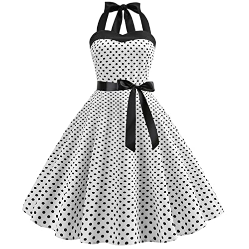OBEEII Damen 50er 60er Jahre Kleid Vintage Cocktailkleid Neckholder 1950er Hepburn Stil Rockabilly Petticoat Kleid Weiß L von OBEEII