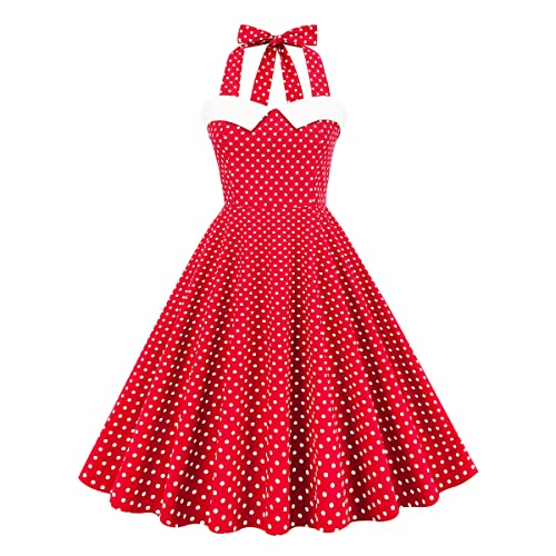 OBEEII Damen 50er Jahre Kleid Vintage Cocktailkleid Neckholder 1950er Rockabilly Petticoat Partykleid Rot02 2XL von OBEEII