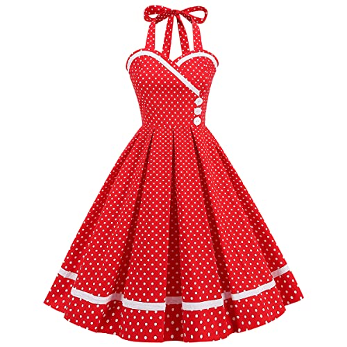 OBEEII Damen 50er Rockabilly Kleider Hepburn Stil Cocktailkleider Neckholder Vintage Retro Kleid Faltenrock Knielang Rot M von OBEEII