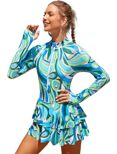 OBEEII Damen Badeanzug Langarm Bademode mit Rei�verschluss Rundhals Badeanzug Kleid Damen mit Rock Bedruckter Surf Anzug Beach Wear Gr�nes Muster L von OBEEII