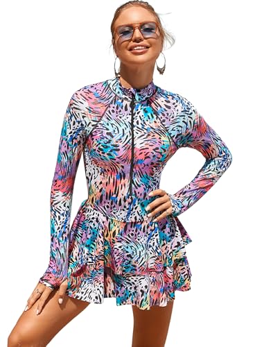 OBEEII Damen Badeanzug Langarm Bademode mit Rei�verschluss Rundhals Badeanzug Kleid Damen mit Rock Bedruckter Surf Anzug Beach Wear Leopardendruck XXL von OBEEII