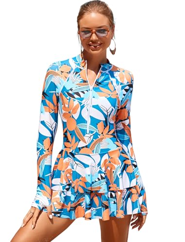 OBEEII Damen Badeanzug Langarm Bademode mit Rei�verschluss Rundhals Badeanzug Kleid Damen mit Rock Bedruckter Surf Anzug Beach Wear Orangen Bl�tter L von OBEEII